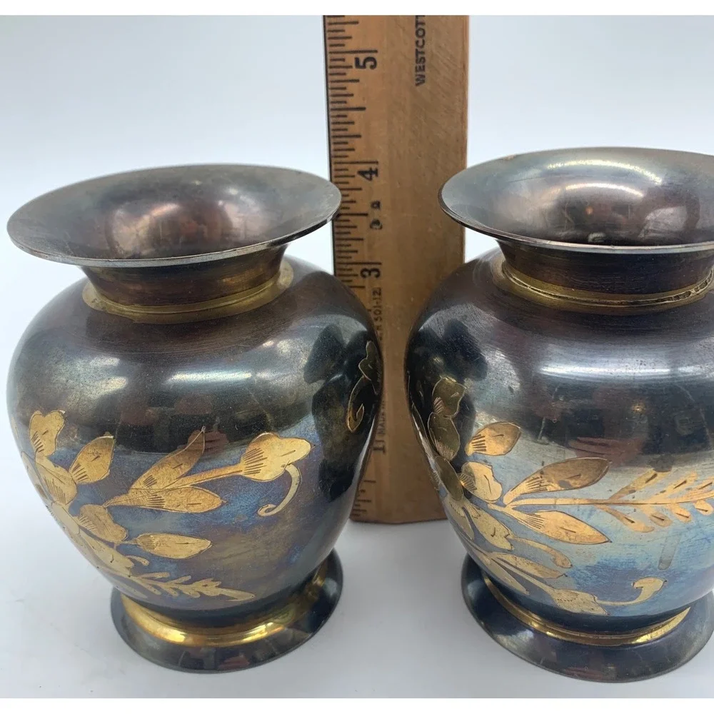2 Vintage Brass Bud Vases Blue Gold Etched Floral India Small Footed MCM Pair